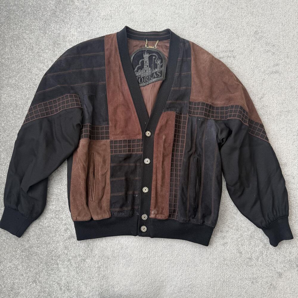 Vintage Torras Jacket Mens Large Brown Black Suede Patchwork Button Front Bomber